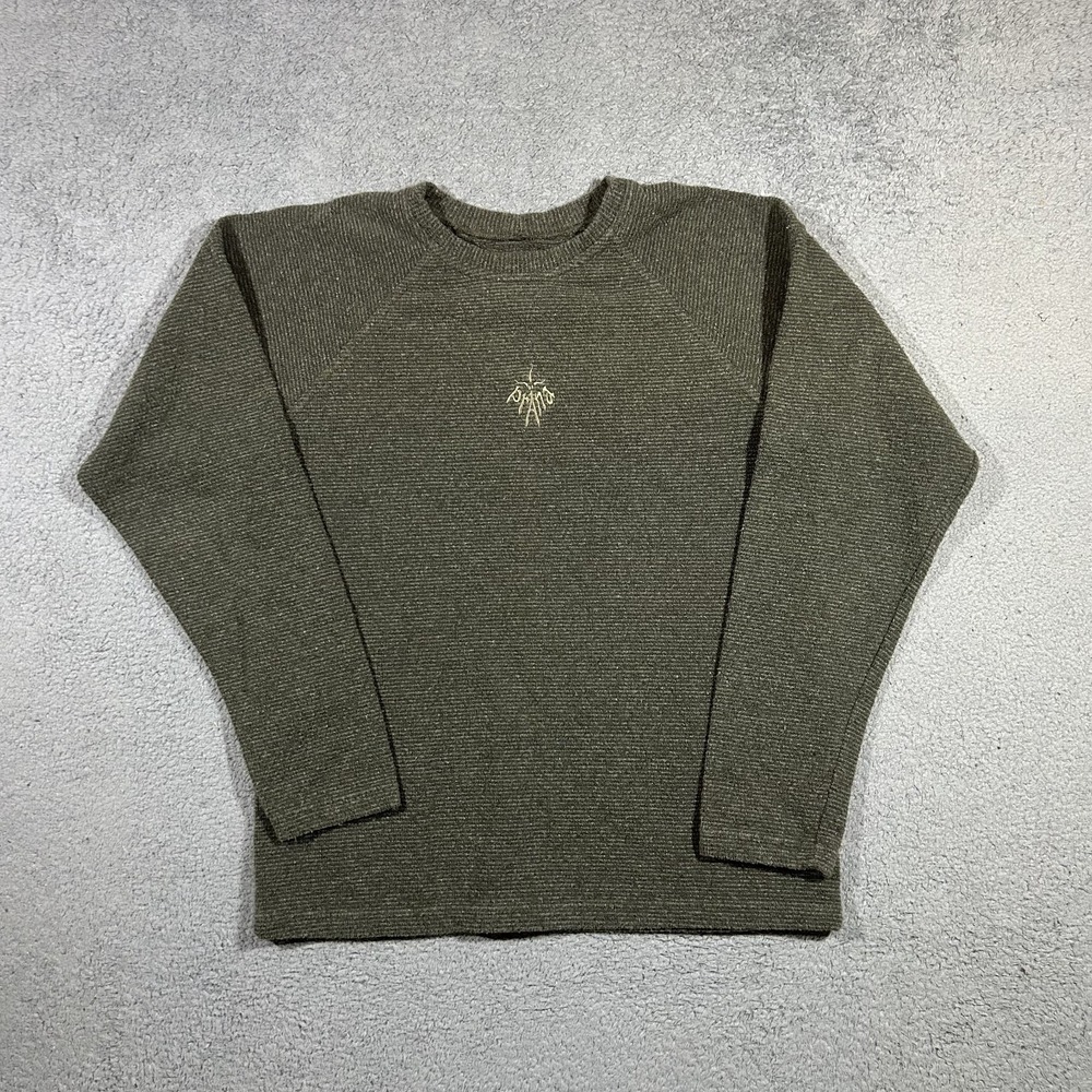 Vintage PrAna Sweater Men's Medium Green Embroidered Pullover Crew Neck #2893